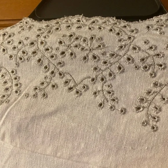 SUSAN GRAVER STYLE White Silver Metallic Eyelet Jacket Blazer Linen Blend Medium - Picture 6 of 8